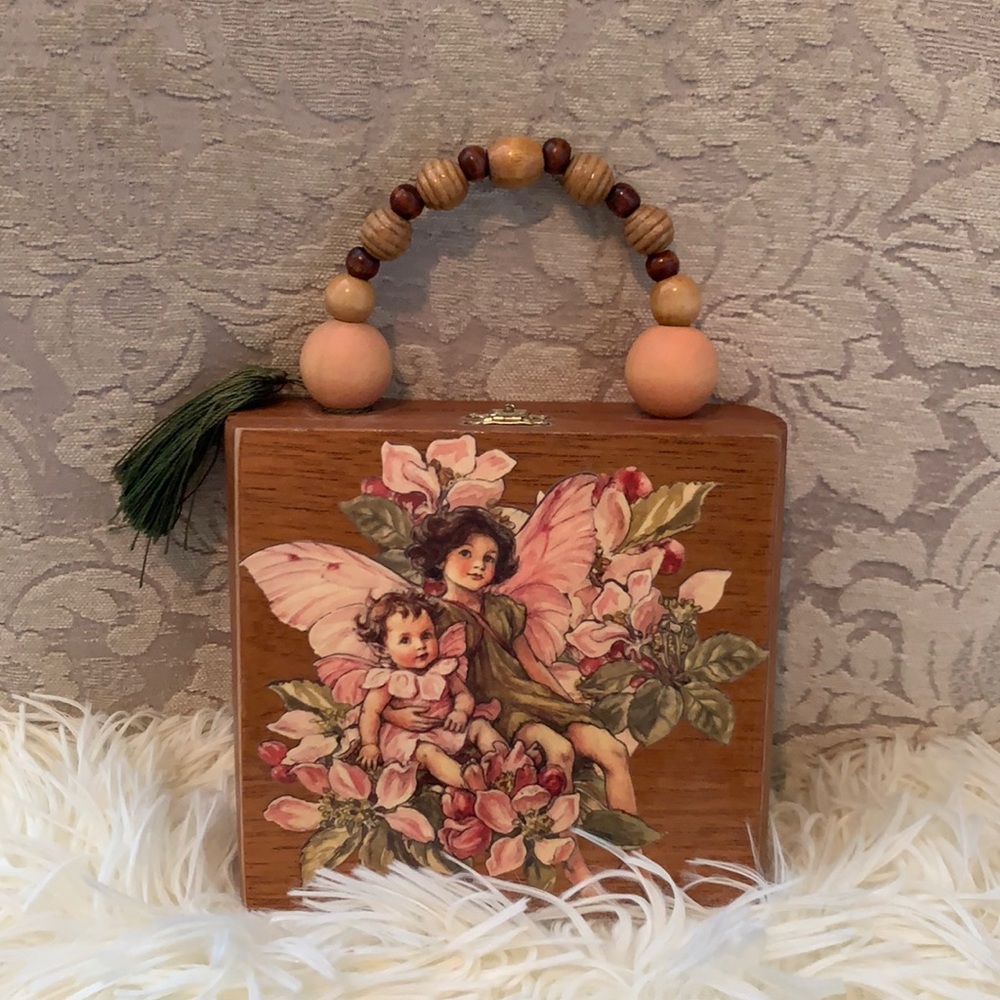Cigar box handbag , winged fairy design , beaded handle, smoke free home